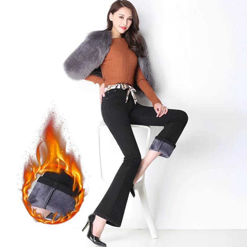 YUEY Новинка S до 5XL Женские утолщенные теплые джинсы для зимы с высокой талией