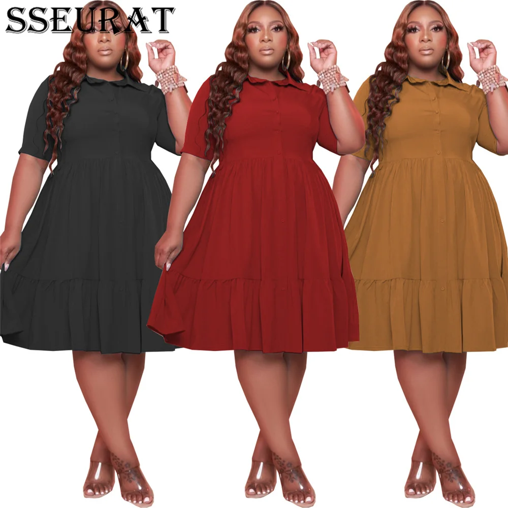 

SSEURAT Plus Size Button Up Short Sleeve Cascading Ruffles Women's Dress Classic Streetwear Turn-down Neck Summer Dresses