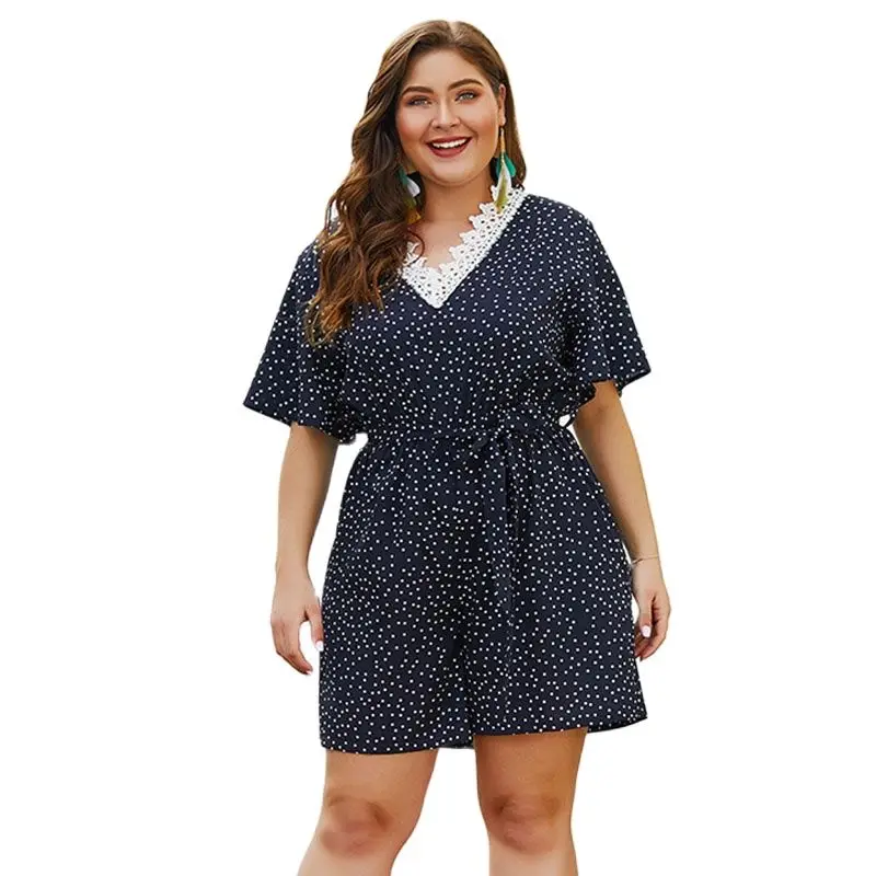 Летний женский комбинезон в горошек на шнуровке большого размера 4XL Женская