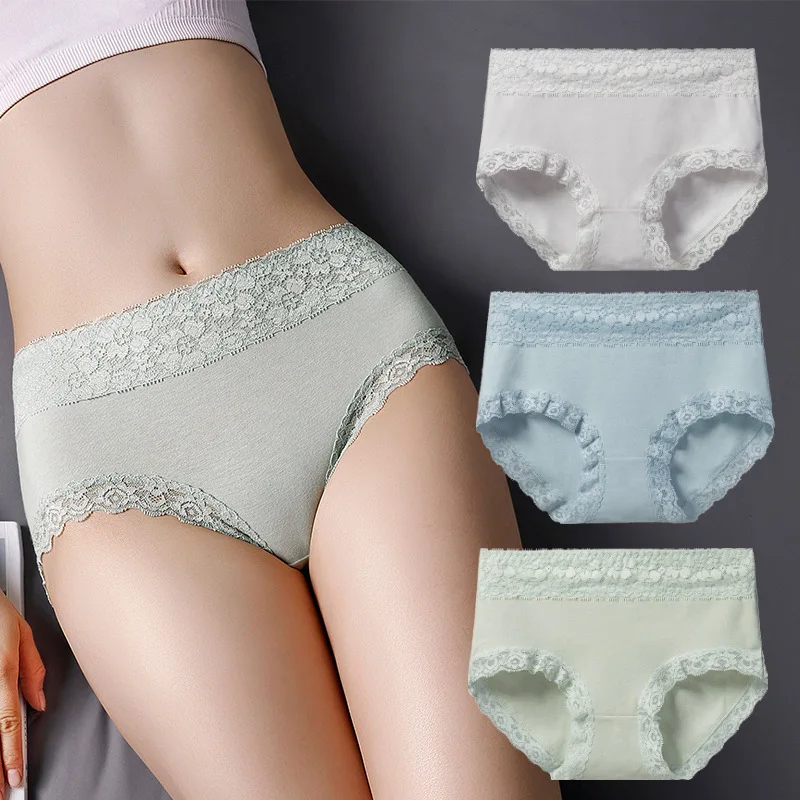 

Women's panties plus size pure cotton breathable female underwear tighten abdomen middle waist lace ladies lingerie seamless