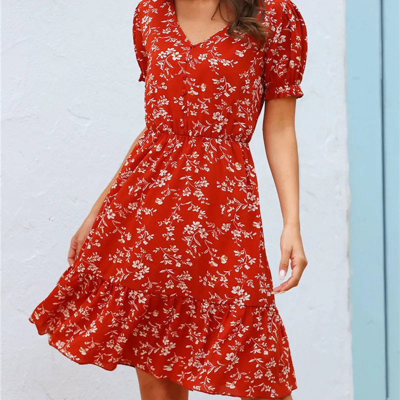 

Summer Fashion Elegant Women Print Mini Dress 2020 Casual V-neck Puff Sleeves A-line Dress