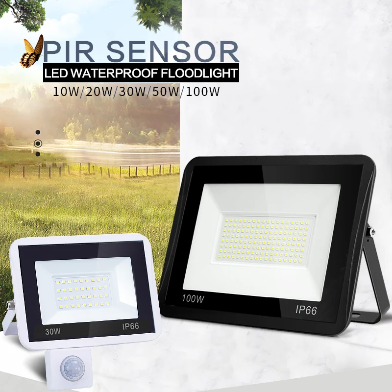 

Black White LED Floodlight PIR Motion Sensor 220V 10W 20W 30W 50W 100W Outdoor Lamp Waterproof IP66 Spotlight Courtyard Footpath