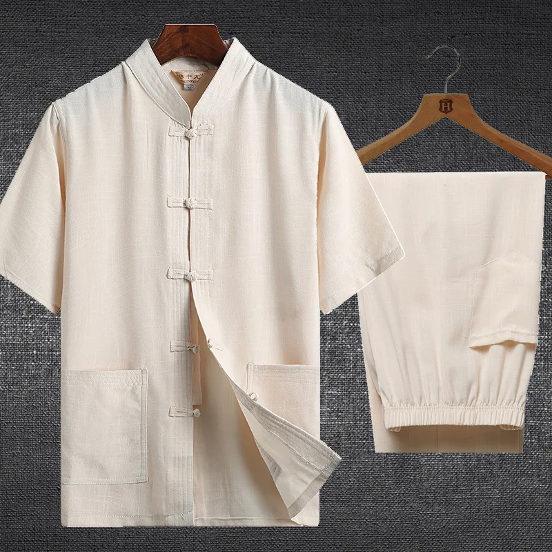

Linen Short Sleeve Tang Suit Men's Chinese Style Kung Fu Hanfu Traditional Clothing Set Tai Chi Wu Shu Costumes Shirts for Men