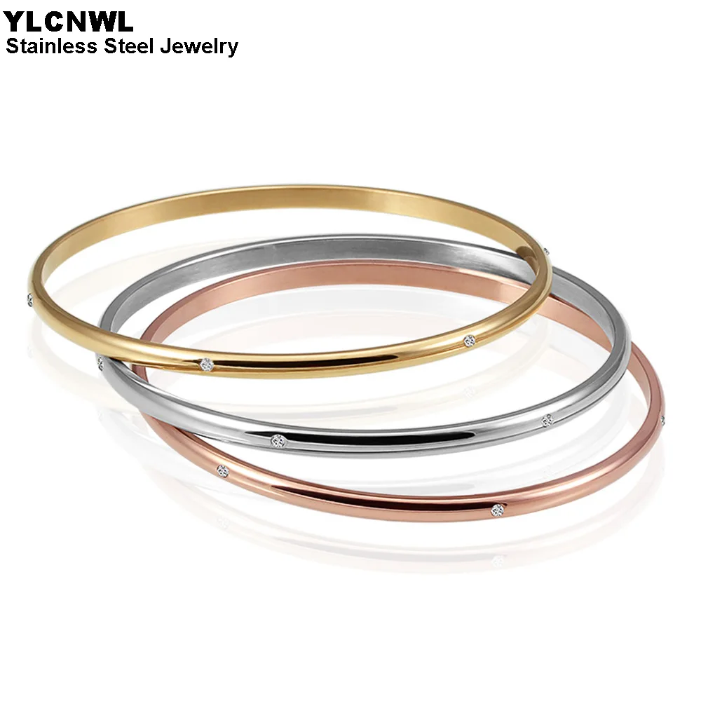 3 шт./компл. браслет из нержавеющей стали для женщин Золотая Роза Цвет Стразы