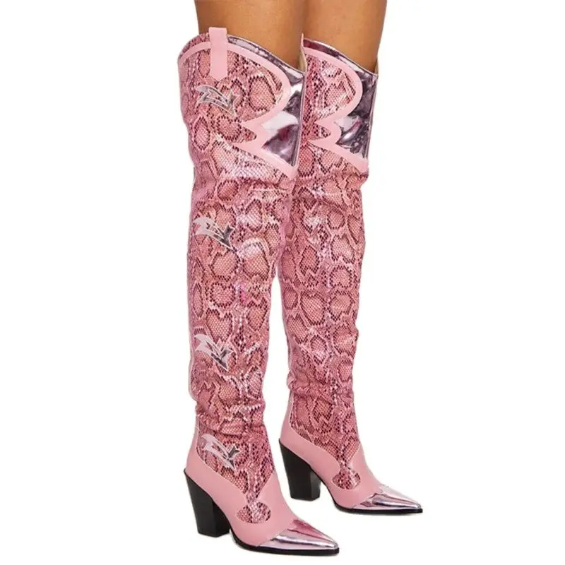 

2021brand fashion pointed toe snake print microfiber knee high boots sexy high heels shoes woman ladies autumn winter boots pink