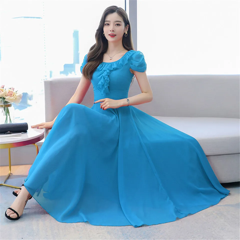 

Boho Summer Ruffles Slim Chiffon Dress Women Casual Beach Party Dress Elegant V-Neck Big Swing Dress Vestidos