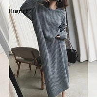 2021 spring jumper female loose casual solid color long sleeve over knee minimalist knitting hoodie sweater dress