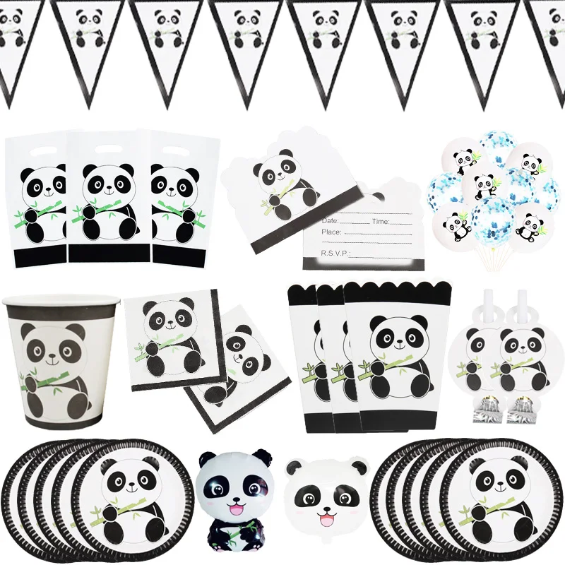 

New Cartoon Panda Theme Party Supplies Disposable Tableware Cups Plates Napkins Straws Happy Birthday Kids Favorite Decorations