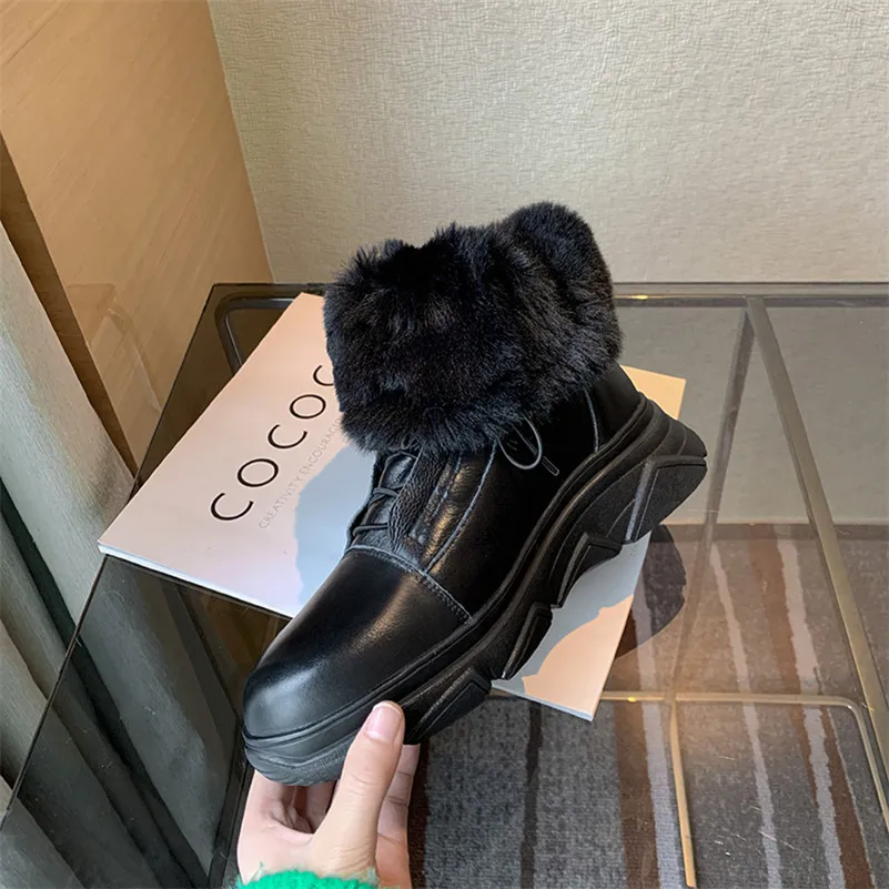 

Meotina Real Leather Flats Platform Snow Boots Women Shoes Cross Tied Flats Ankle Boots Plush Warm Short Boots Winter Black 40