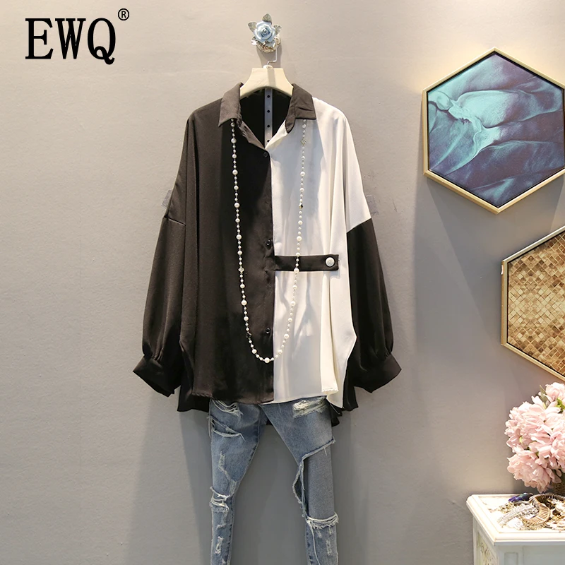 [EWQ] Spring Autumn New Lapel Long Sleeve Hit Colors Patchwork Single Breasted Vintage Shirt Women Blouse Femals AH189