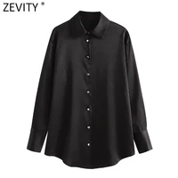 zevity women fashion shinny buttons black soft satin smock blouse office lady long sleeve casual shirts chic blusas tops ls9792