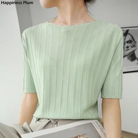 loose tops women summer solid casual o neck short sleeve female pullover knitwear elegant chic sweet basic girls sweater tees