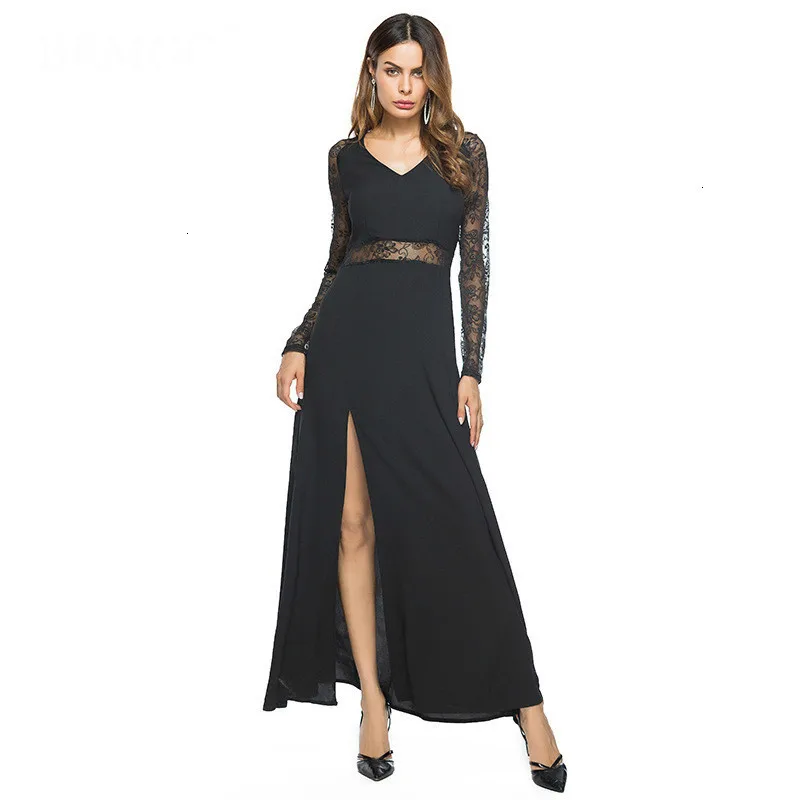 Сексуальное Кружевное Платье макси с длинным рукавом и v образным вырезом