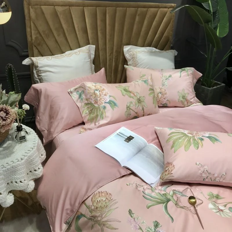 Pink blossom bedding set 100% Egyptian cotton floarl print bed sheets Satin duvet cover pastoral bedspread queen king size | Дом и сад
