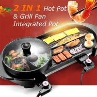 Electric Griddles 2in1 Electric Grill Hot Pot Oven Non-stick Indoor Baking BBQ Flat Pan Hotpot Smokeless Barbecue Machine