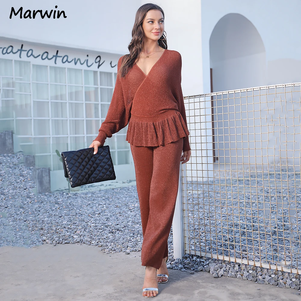 

Marwin New-Coming Spring Autumn Solid V-Neck Kintted Sweater Top Full Length Pants Outfit England Style Two Pieces Women‘s Sets