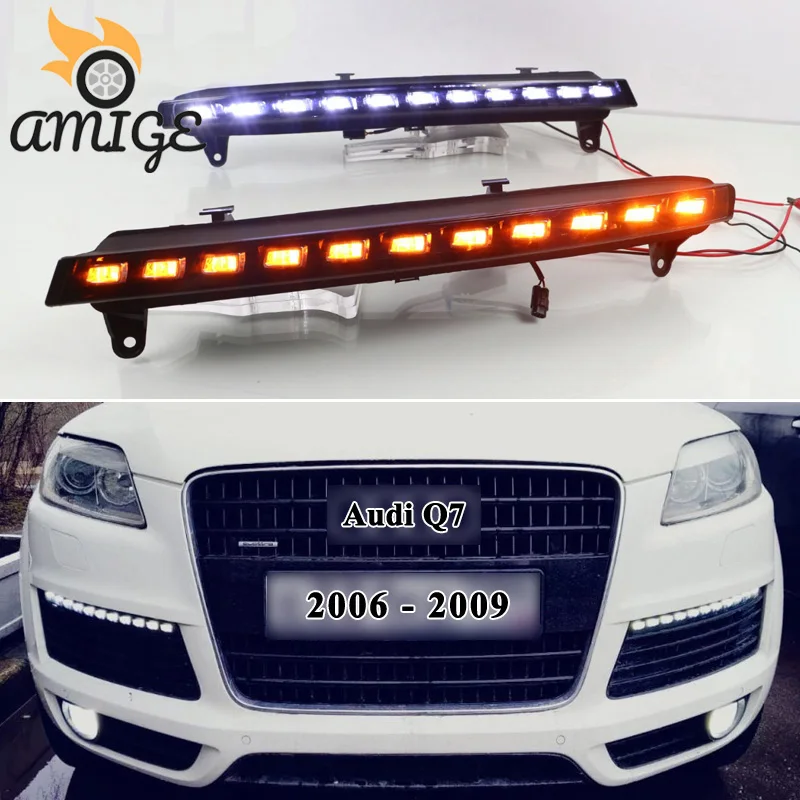 

DNO12V светодиодный DRL Дневной светильник s для Audi Q7 2006 2007 2008 2009 желтый указатель поворота Габаритные светильник автомобиль, дневной свет авто ф...