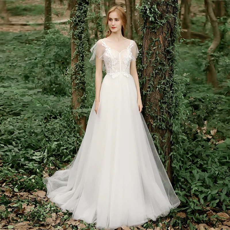 

New Charming Garden A Line Bridal Wedding Dresses Short Sleeves Illusion Jewel Neck Back Out Wedding Gowns for Bride Appliqued