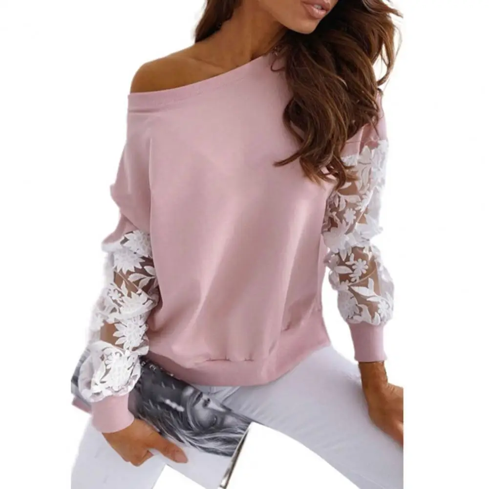 

Embroidery Lace Long Sleeve Women Sweatshirt Blouse Patchwork O Neck Loose Sweatshirt Pullover Top