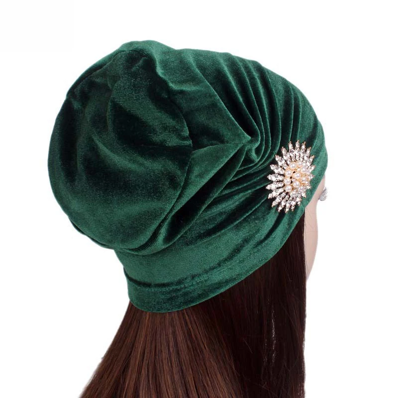 Женская бархатная Шапка-тюрбан с оборками и блестящими перламутровыми Головными