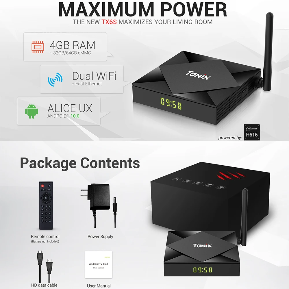 ТВ-приставка Tanix TX6S на Android 10.0, 4 ГБ ОЗУ, 64 ГБ памяти, четырехъядерный процессор Allwinner H616, поддержка H.265 4K и IP-телевидения.