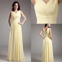 2018 vintage yellow long a line v neck zipper pleat chiffon robe de soiree floor length formal prom gown bridesmaid dresses