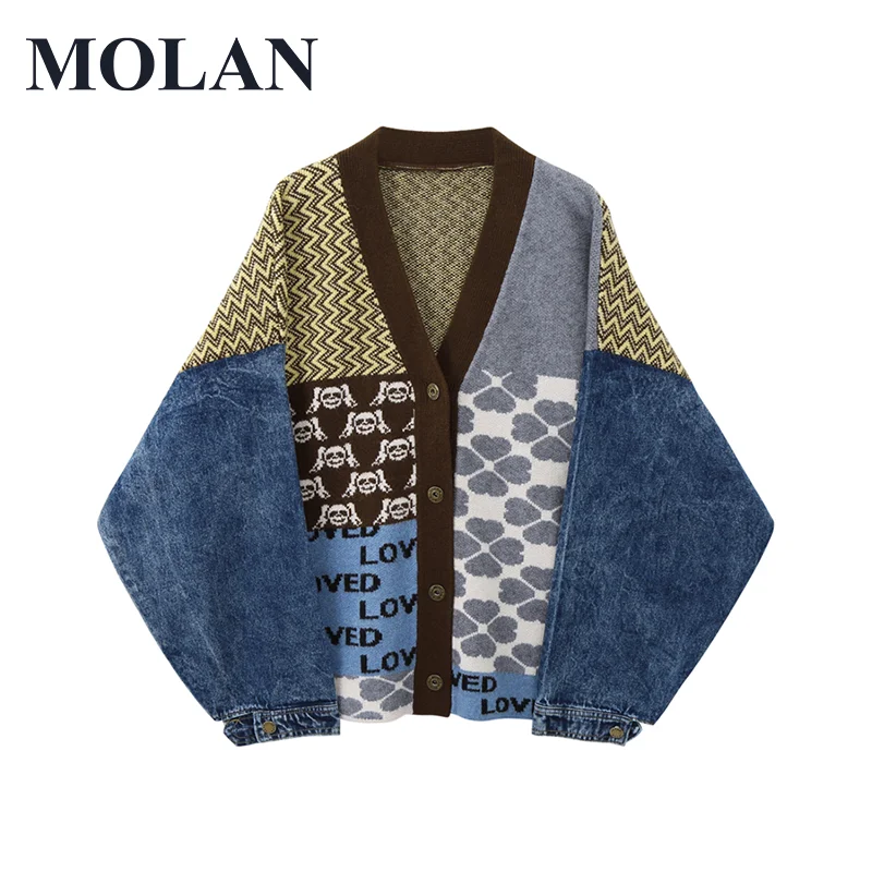 

MOLAN Harajuku Woman Knitted Cardigan Fashion V Neck Patchwork Denim Sleeve Sweater Vintage Loose Female Outwear Chic Top