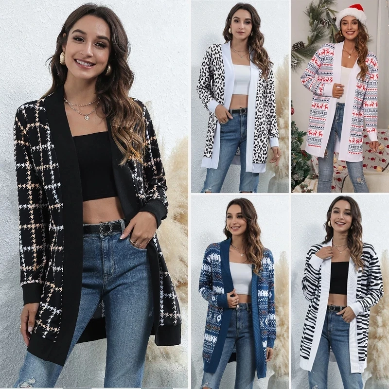 

Женский трикотажный кардиган с леопардовым принтом, с длинным рукавом