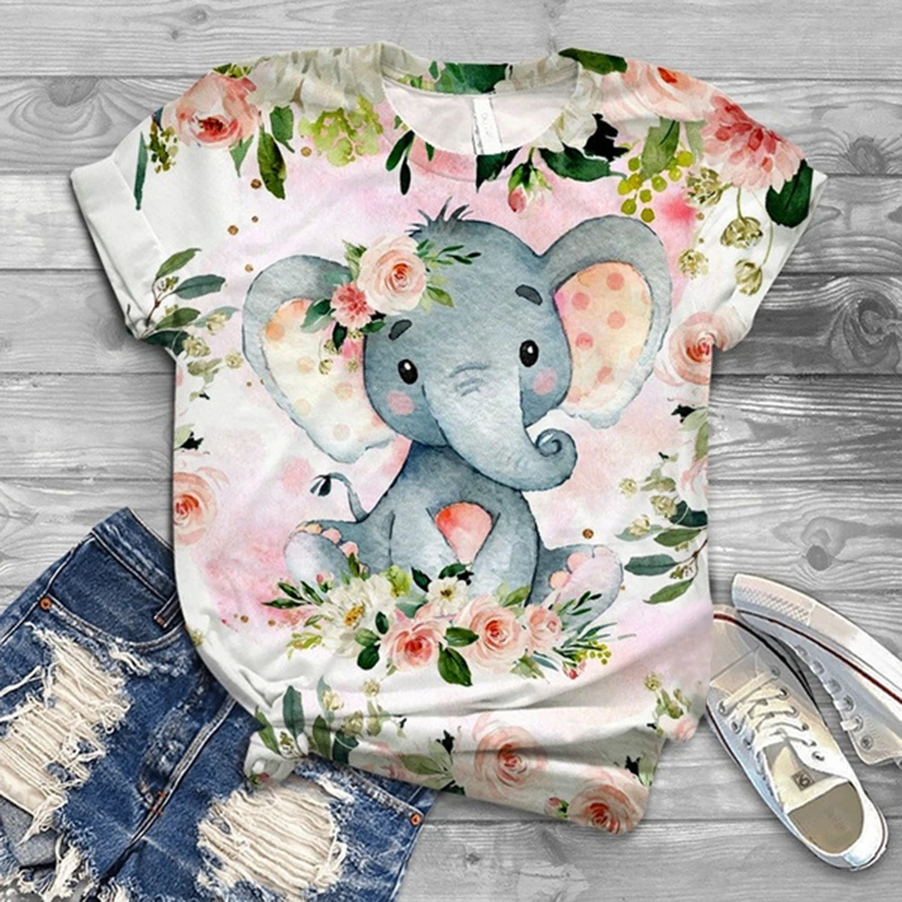 

Woman T-shirts Harajuku Graphic Tee Spring Summer Streetweear Women Animal Elephant Print Cute Kawaii Short Sleeve T-shirts Tops