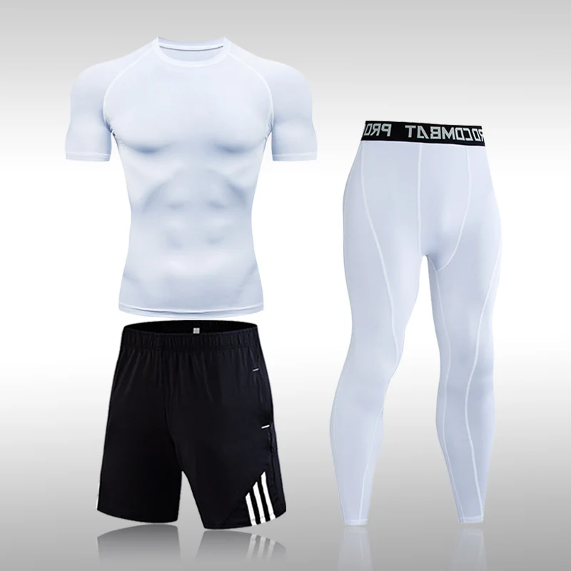 

Высококачественная Мужская короткая футболка, леггинсы, спортивная одежда из полиэстера и лайкры для тренировок, тренировок, бега, 3 предме...