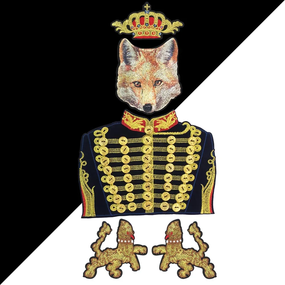 

1Set/5PC Noble Clothing Embroidery Gold Button Royal Duke Dog Head Lion Crown Beaded Sew On Clothes Patches Accessories Rr53