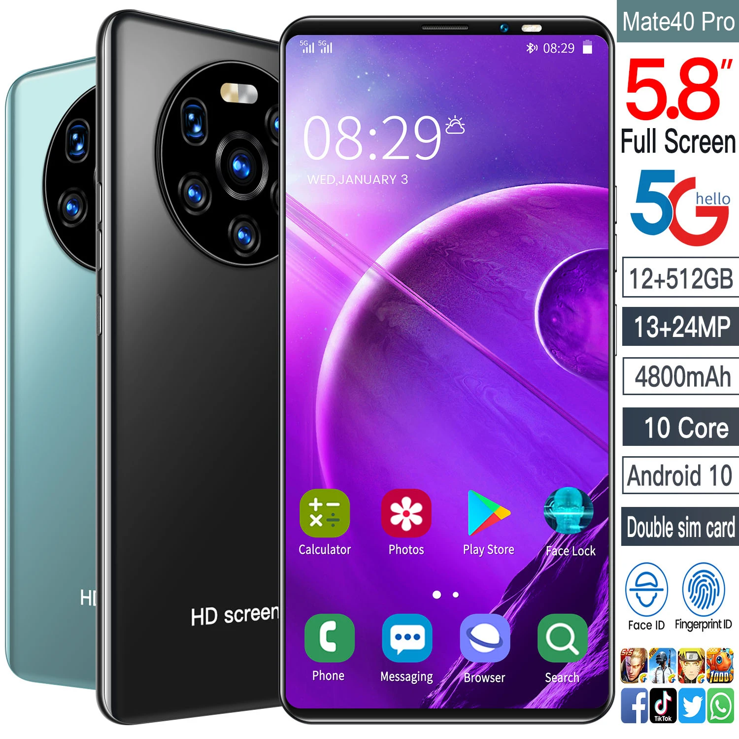 

Global Version 5.8 Inch Mate40 Pro Smartphone Android10 6GB+128GB 13+24MP 4800mAh Supports Google GPS WiFi 5G Mobilephone