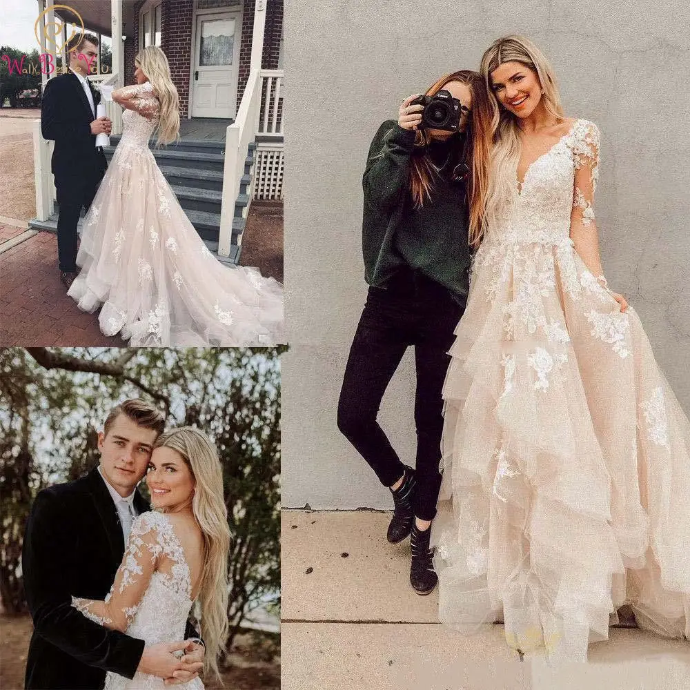 

Light Pink Wedding Dresses 2021 A Line Full Sleeves Lace Appliques Tiered Tulle Bridal Gowns Sweep Train Women Bride Dresses