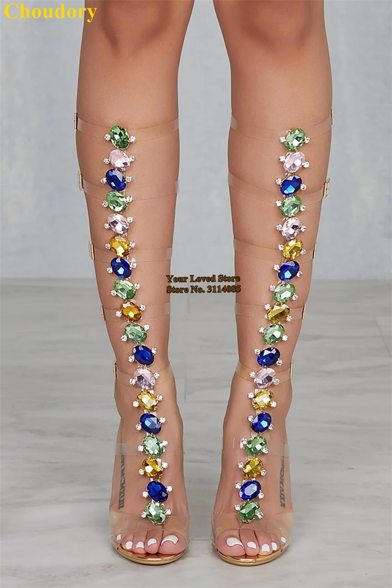 Женские сапоги на золотом каблуке Choudory блестящие до колена с драгоценными