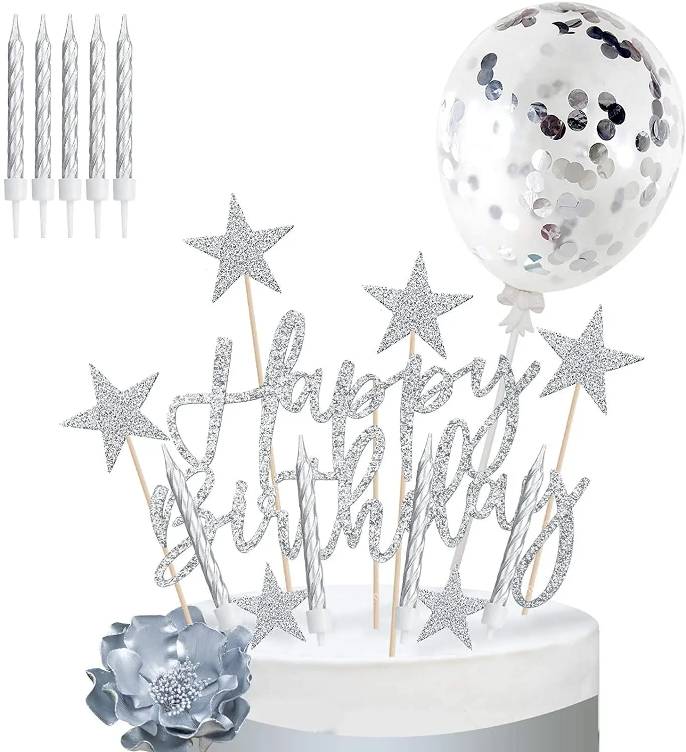 2 sets of cake topper decorations happy birthday banner star cake cup candle confetti balloons for man boy woman girl girl birth
