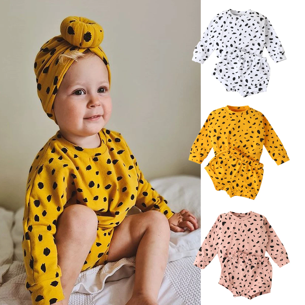 

Emmababy Newborn Baby Clothes Polka Dot Round Neck Long Sleeve T-Shirt Tops Shorts 2Pcs Outfits Cotton Clothes Baby Boy Girl Set