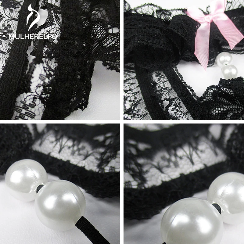 

Erotic Underwear Bow Applique Sexy Women Lace Underpant Pearl Transparent Ruffle Hollow T-Pants Adult Product Temptation T-Pants