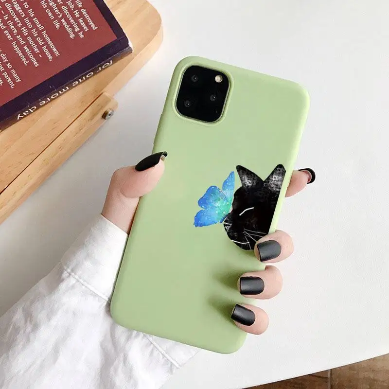 

Cat butterfly nose tip cute lovely Phone Case Green Candy Color for iPhone 6 7 8 11 12 s mini pro X XS XR MAX Plus