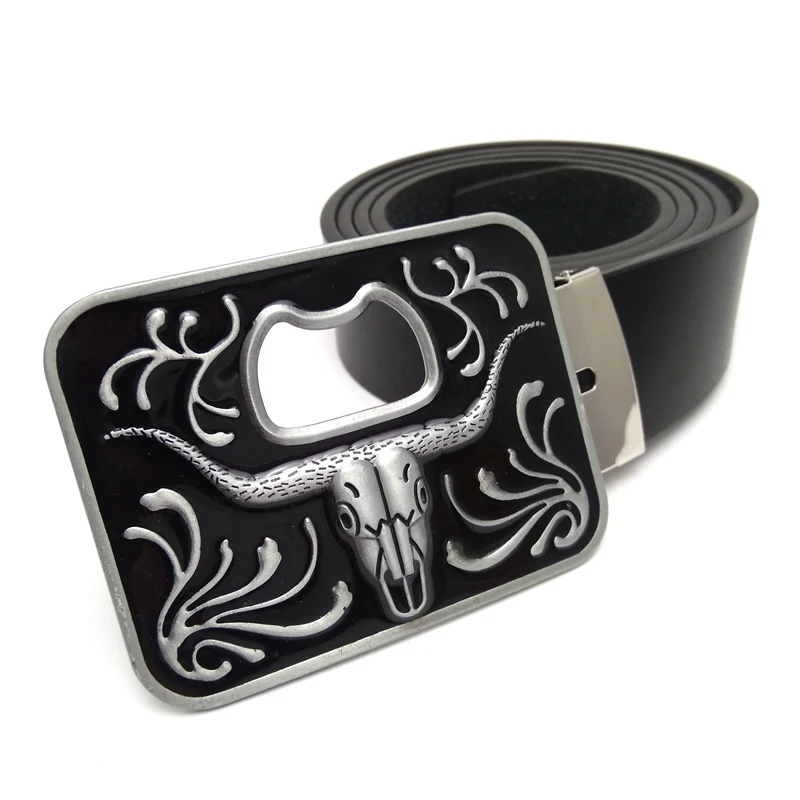 Fashion Belts Men PU Leather Western Cowboy Style Longhorn Cow Bull Head Beer Bottle Opener Tool Belt buckle Metal For Men Jeans