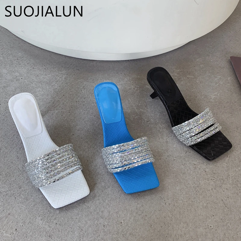 

SUOJIALUN 2022 Summer New Women Slipper Fashion Bling Crystal Square Toe Beach Slides Ladies Thin Med Heel Dress Party Sandal Sh