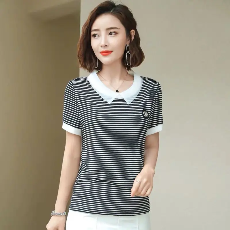 Блузка женская в полоску с коротким рукавом и воротником Питера Пэна весна-лето