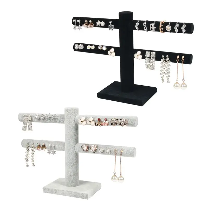 

2 Tier Velvet T-Bar Jewelry Display Tower Stand Earring Thin Rod Storage Holder 69HB