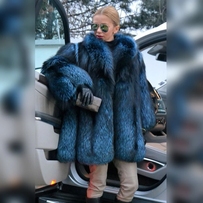 Women Winter Real Silver Fox Fur Coat Stand Collar Natural Whole Skin Genuine Fox Fur Coats Medium Length 2022 Trendy Overcoats