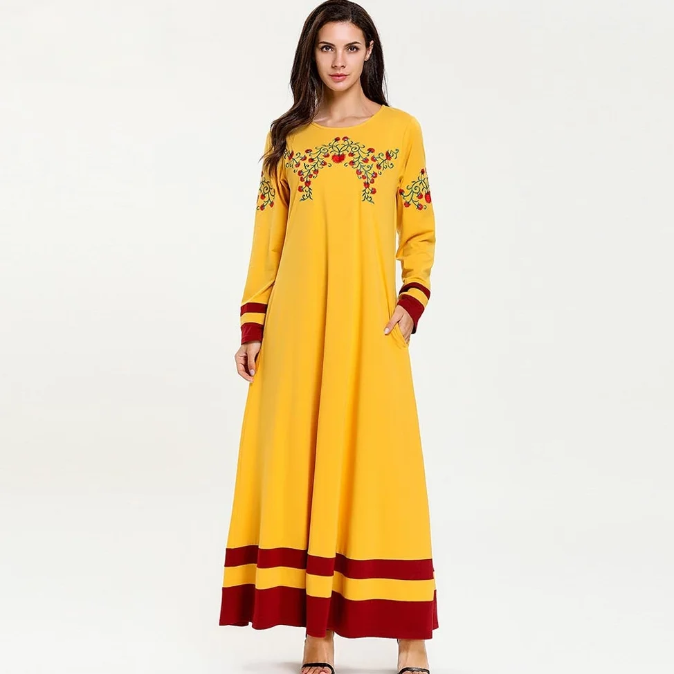 2021 мусульманское женское платье большого размера модное контрастное цветное лоскутное платье с вышивкой и длинным рукавом арабское платье...