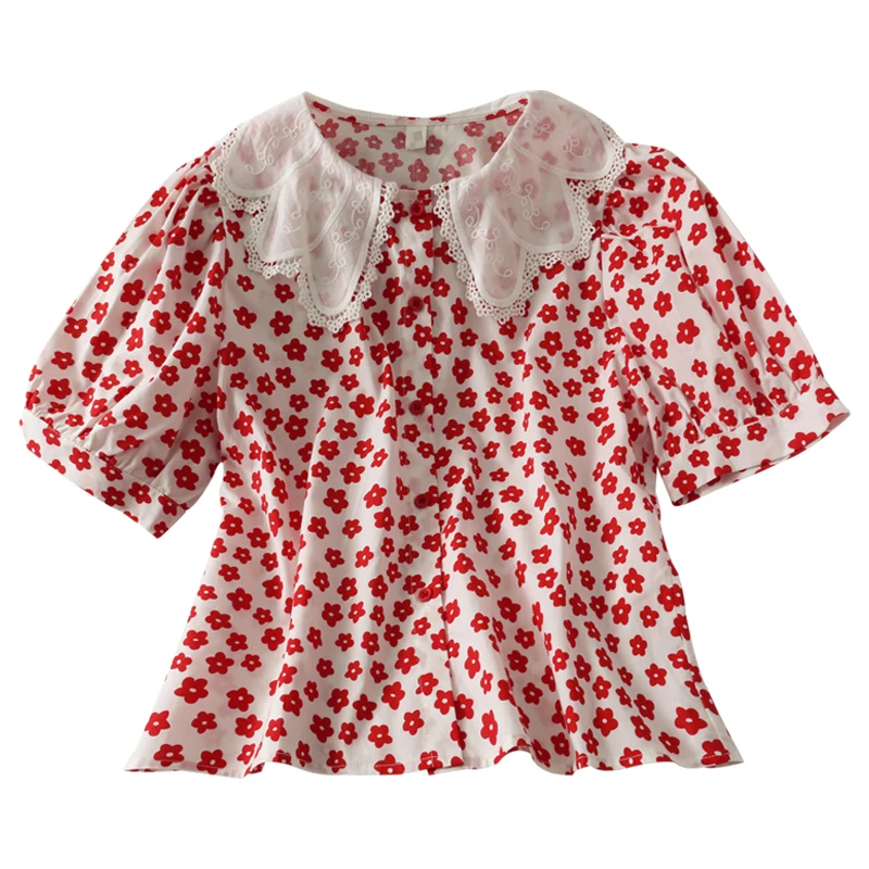 

Women Fashion Outdoor Lace Stitching Flowers Print Casual Blouse Ladies OL Sweet Top Girls Student Elegant Daily Basic Shirts