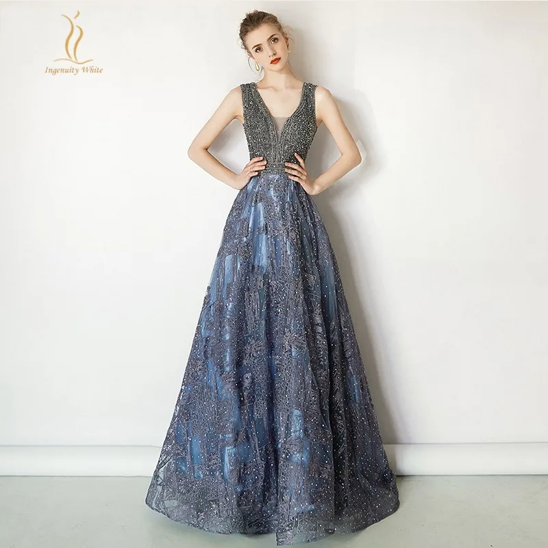 navy blue Элегантное Вечернее Платье с открытой спиной, длинное сексуальное платье с v-образным вырезом, Сияющие кристаллы, Красивая отделка бисером, вечерние платья для выпускного вечера - Цвет: navy blue