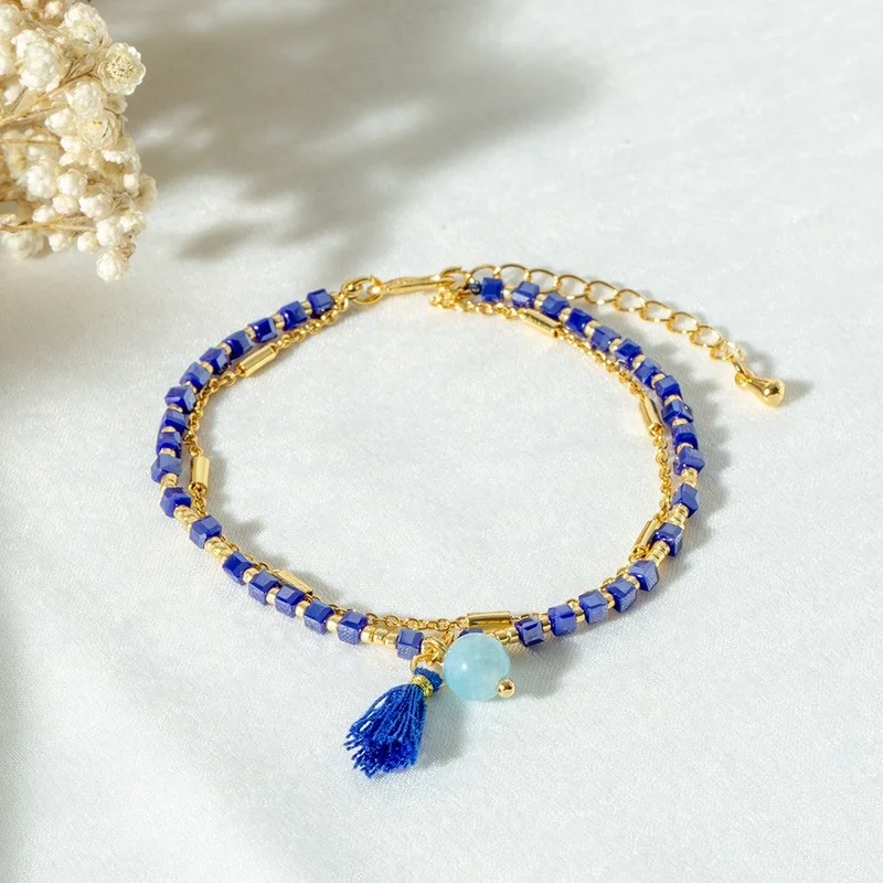 

2021 Romantic Bracelet Natural Stone Small Pendant Geometric Square Crystal Double Chain Friendship Bracelets for Women Jewelry