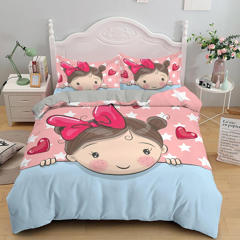 

Cute Sweet Girl Duvet Cover Single Twin Bedding Set For Kids Adult 2/3 Pieces With Pillowcase Bedclothes Drop Shipping