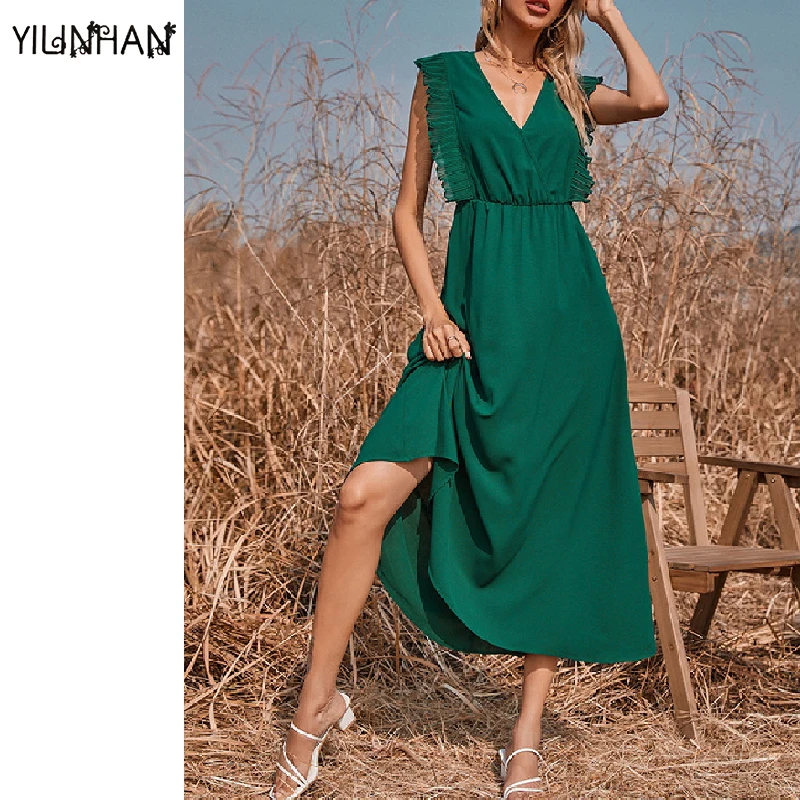 

YILINHAN Ladies Casual Dress Pure Color Sleeveless Ruffled Beach Vacation Dress Elegant Women Office V-neck Long Dress Green2021
