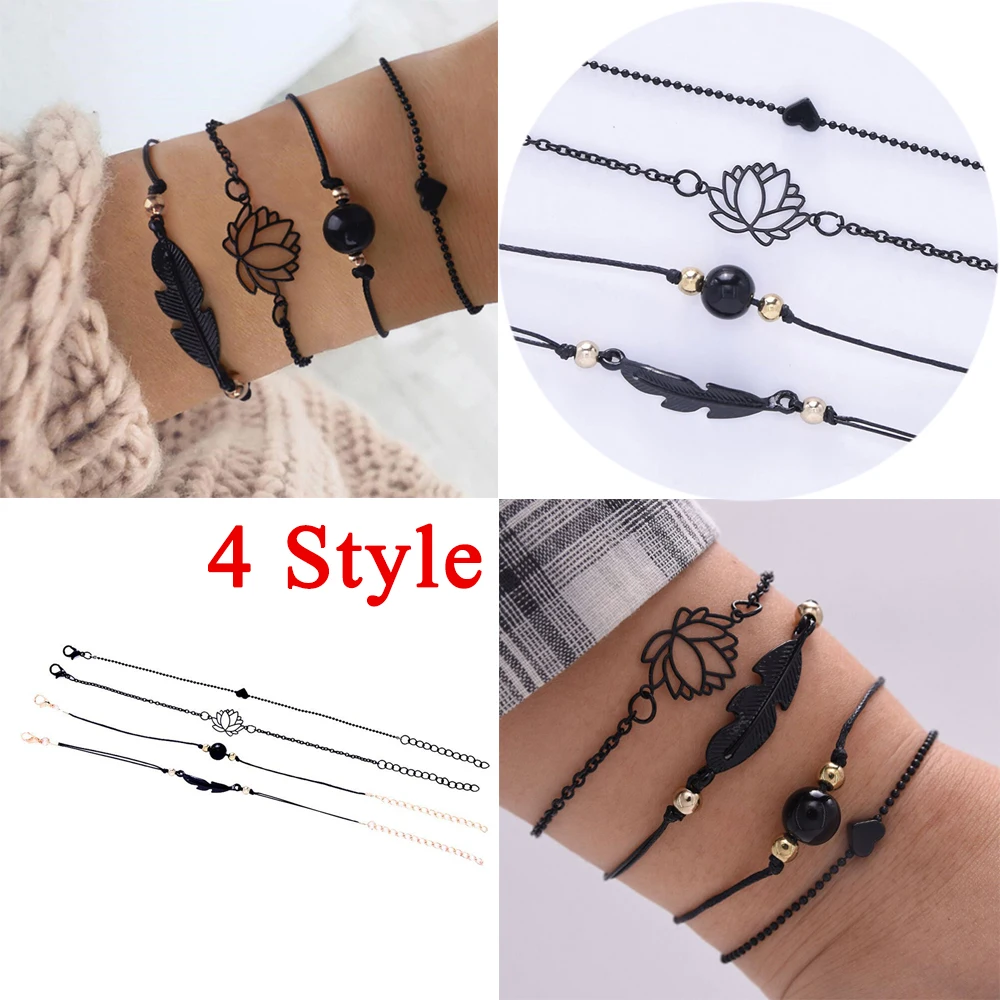 

2021 New Fashion 4PCs Gothic Black Feather Lotus Bracelets Set Heart Charm Boho Bangles For Women Wrist Chain Bracelets Hot